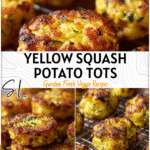 Yellow squash and potato tots arranged on a cooling rack with a golden crust. 2